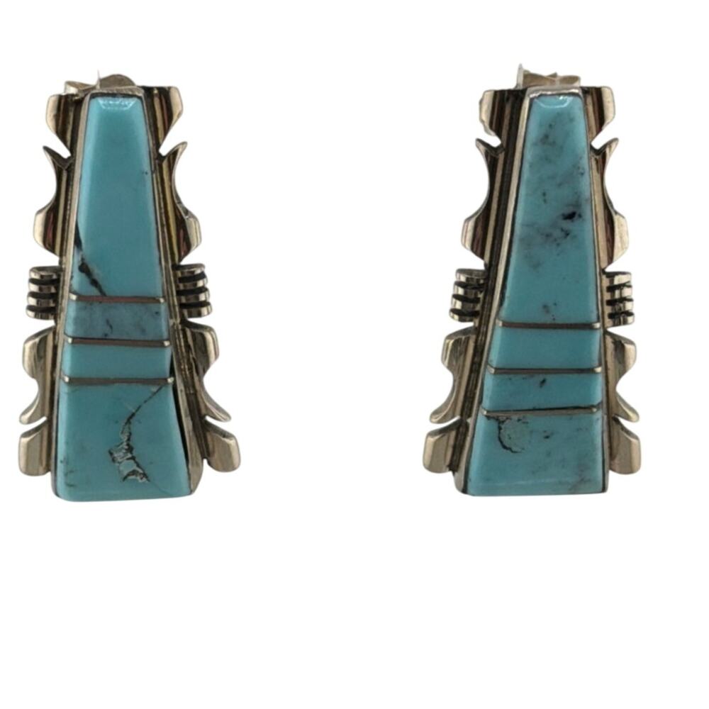 Vintage Navajo Inlay Sterling Silver Steve Francisco Kingman Turquoise Earrings